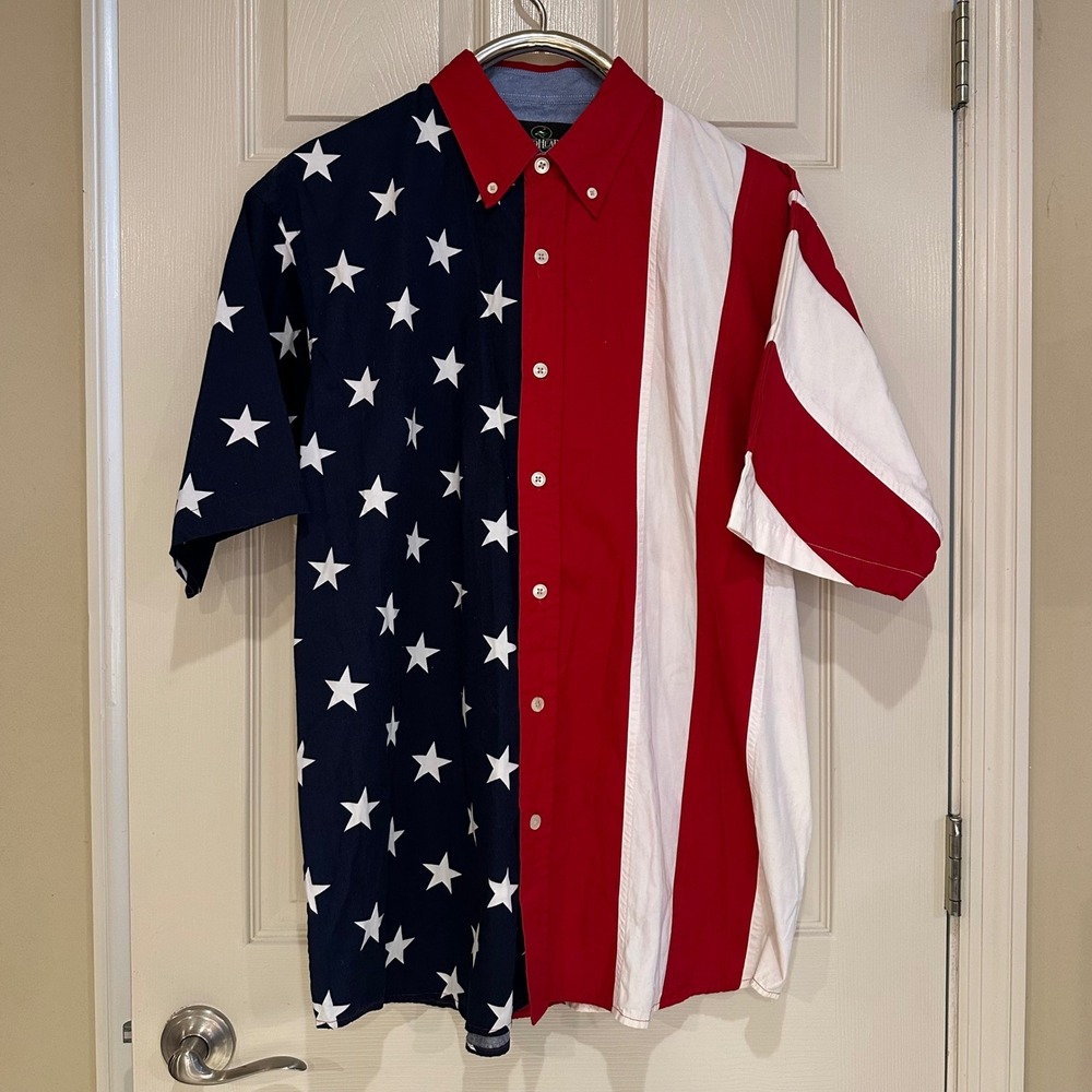 RedHead Mens XL American Flag Button Down Shirt Short Sleeve Stars Stripes USA